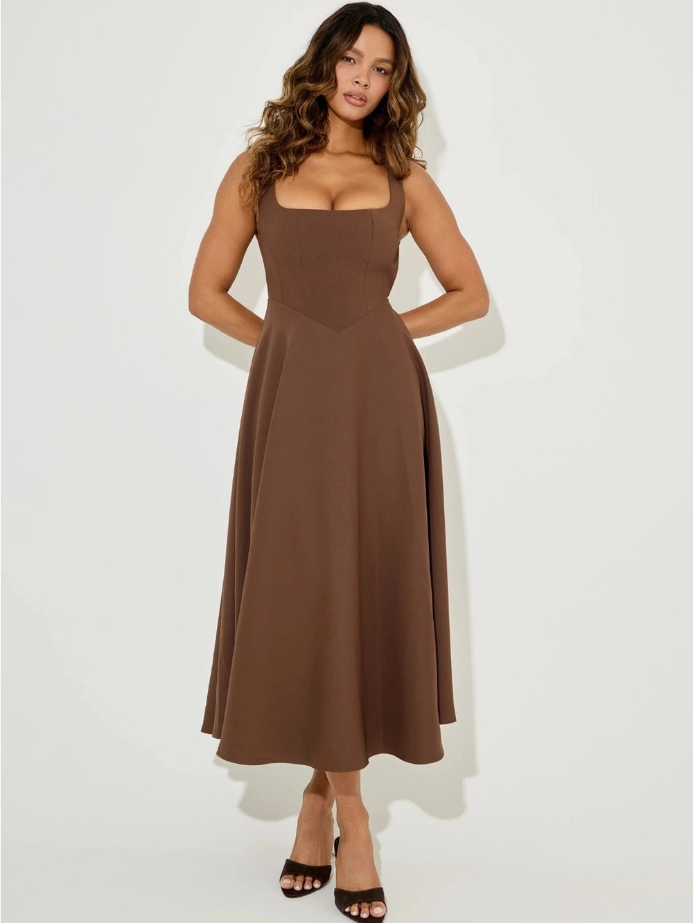 Odd Muse Brown Square-Neck Midi Dress